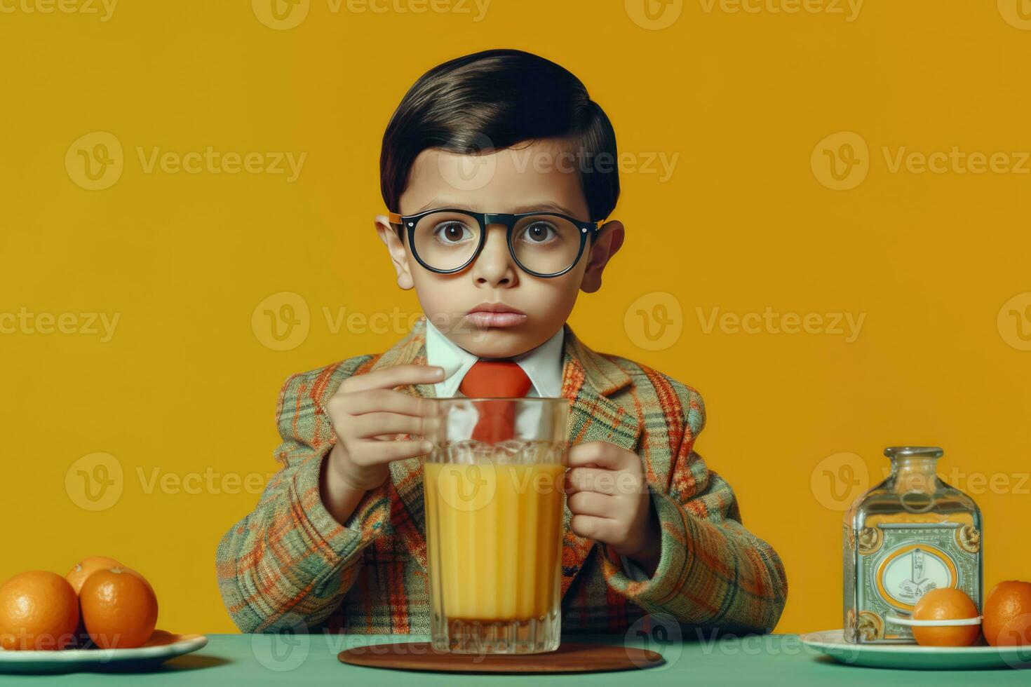 AI generated A Smartly Dressed Child Holding a Glass of Juice photo