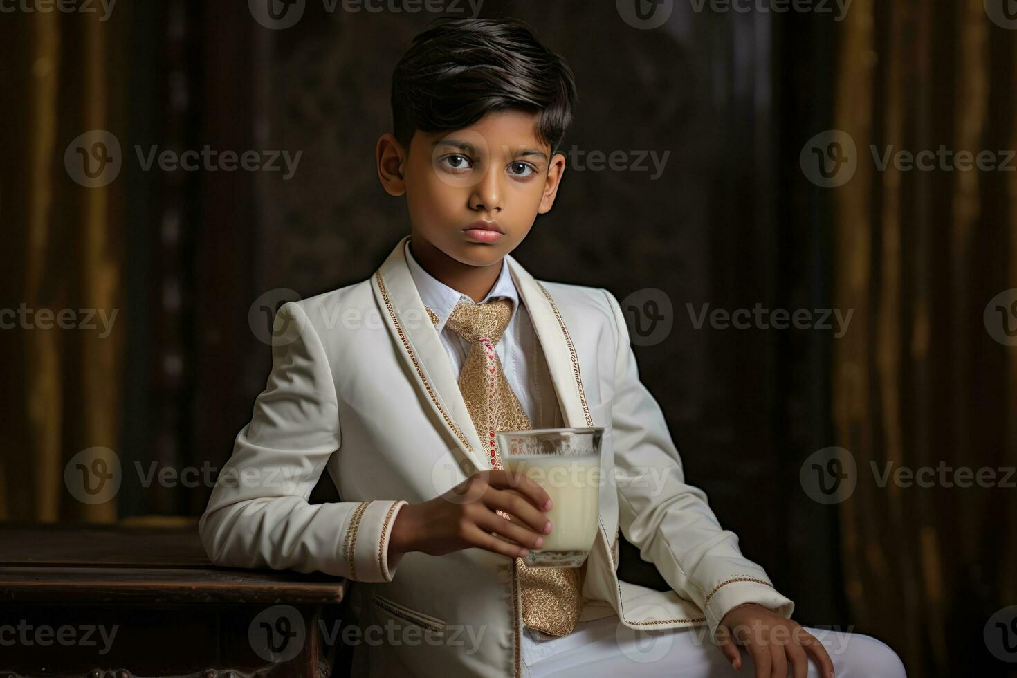 ai generado un joven chico en un blanco traje y oro Corbata bebidas Leche desde un vaso foto