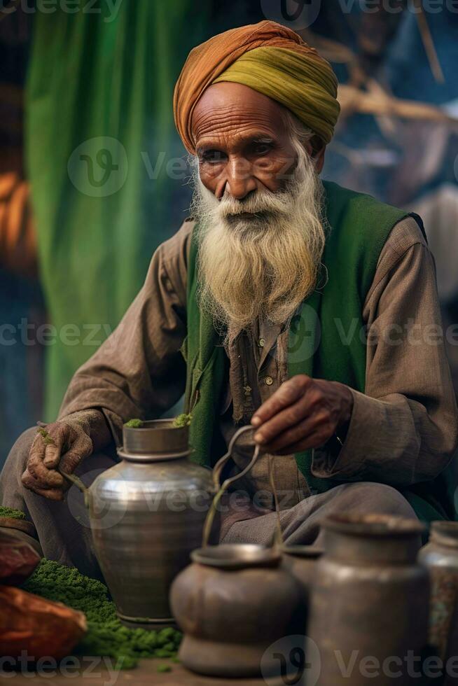 AI generated A man in a green jacket and a white turban is sitting and stirring a large pot of food. photo