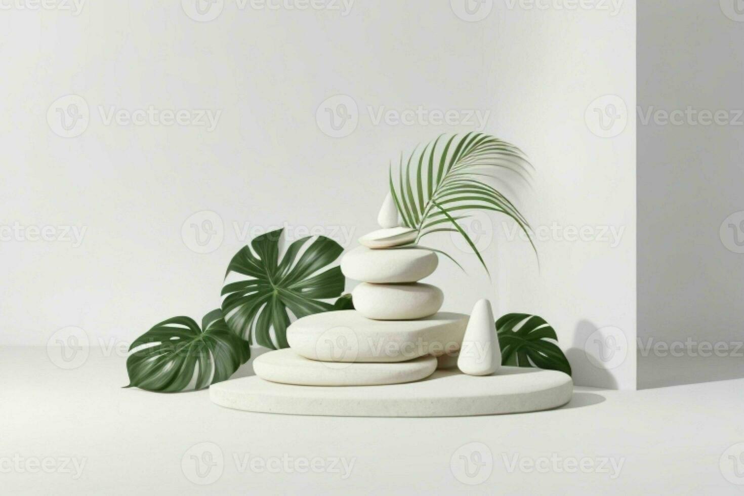 AI generated Premium stones podium for Presentation of the product with leaves. Pro Photo