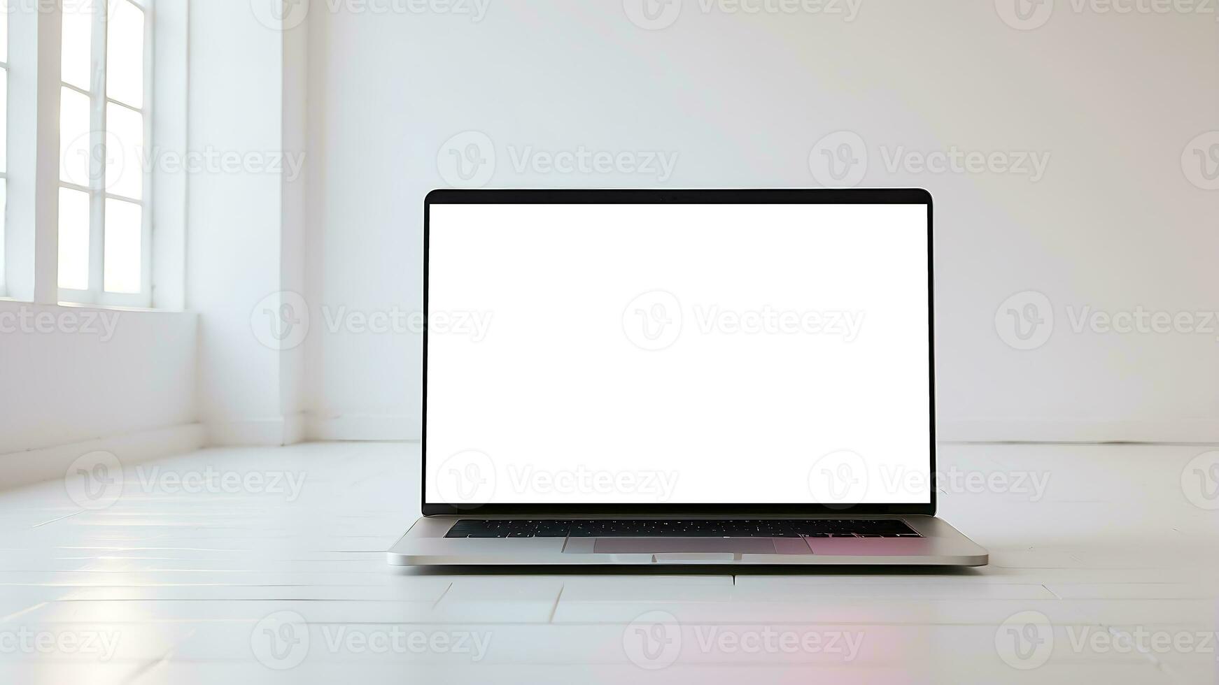 AI generated Laptop with blank white screen on a light background photo