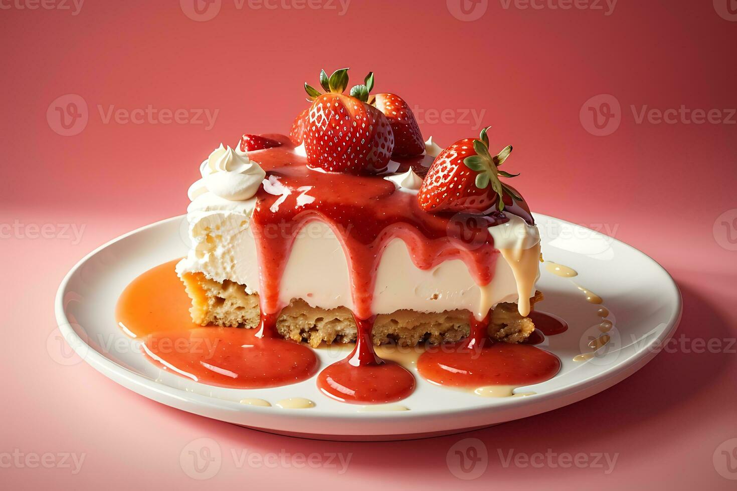 AI generated Pie with meringue and fresh strawberries. Piece of pie on a white plate photo