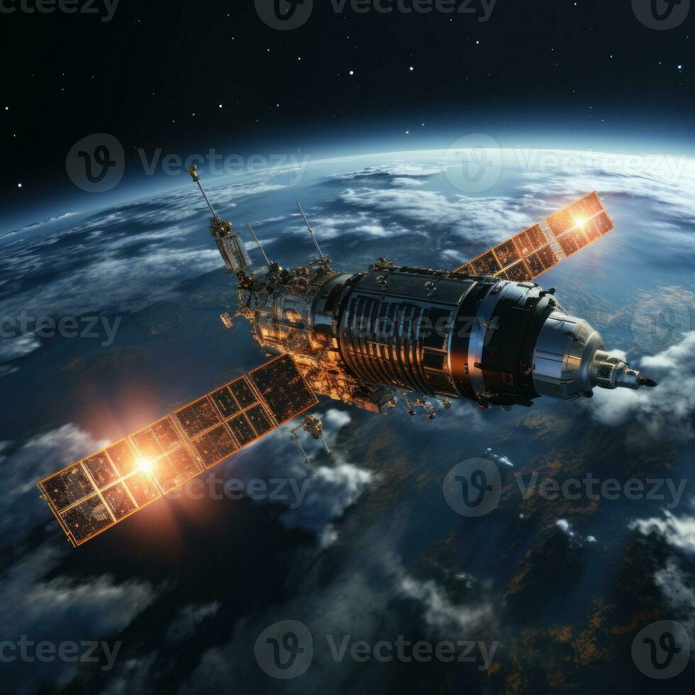 AI generated Various shapes of satellites in space with a cloudy earth layer background, good for business, blogs, wallpapers, designs, advertising etc. Generative Ai Image photo