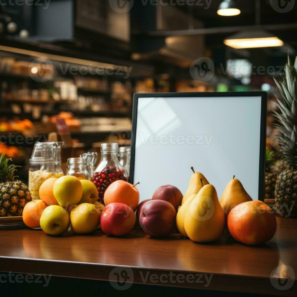 ai generado limpiar blanco blanco tableros para publicidad pancartas en tienda y supermercado áreas, márketing y descuento blanco tablero monitor diseños, bueno para anuncios, pancartas, vallas publicitarias foto