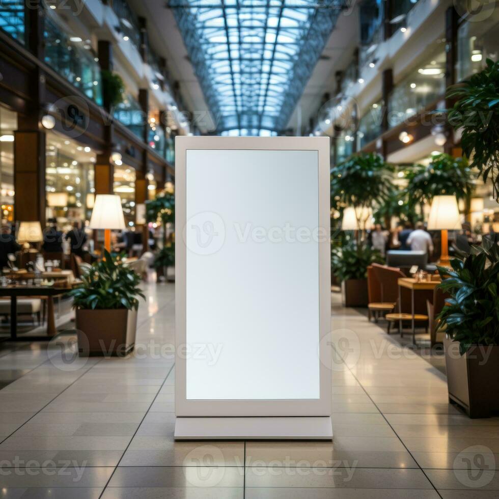 AI generated Clean white blank boards for advertising banners in shop and supermarket areas, marketing and discount blank board display designs, good for advertisements, banners, billboards photo