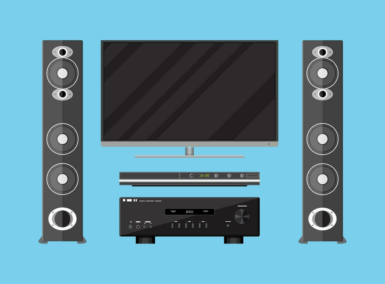 Vector set of detailed home theater electronics. tv, amplifier, loudspeakers and media player. vector illustration in flat style on blue background