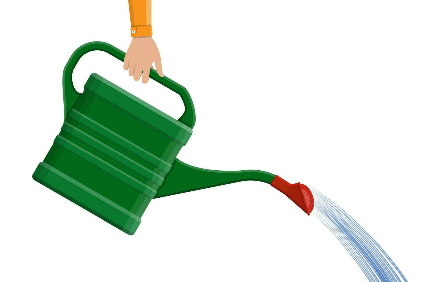 Hand with green plastic watering can isolated on white. vector illustration in flat style