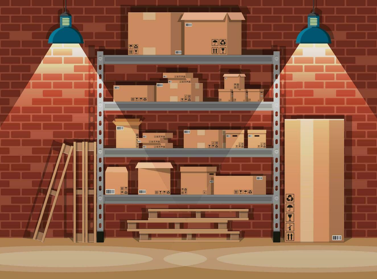 Pile cardboard boxes on warhouse shelves. Carton delivery packaging open and closed box with fragile signs. Brick wall and lamp. Vector illustration in flat style