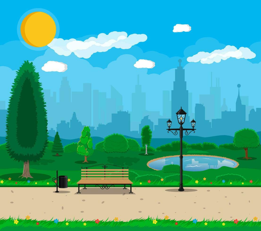 City park concept, wooden bench, street lamp, waste bin in square. Cityscape with buildings and trees. Sky with clouds and sun. Leisure time in summer city park. Vector illustration in flat style