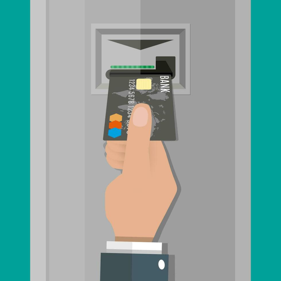 Cartoon hand inserts a credit debit card into ATM. vector illustration in flat design on green background