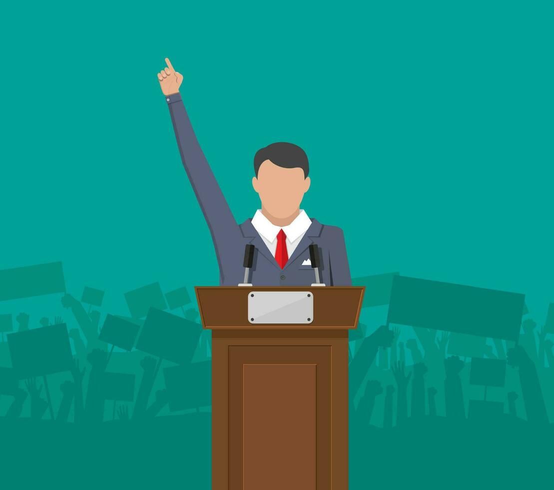Public speaker politician on the podium in front of a crowd silhouette. Vector illustration in flat style