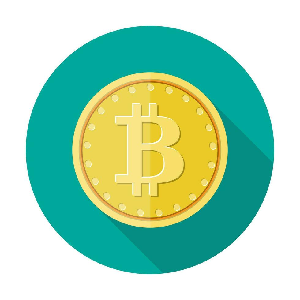 Golden coin with bitcoin sign. Money and finance. Digital currency. Virtual money, cryptocurrency and digital payment system. Vector illustration in flat style