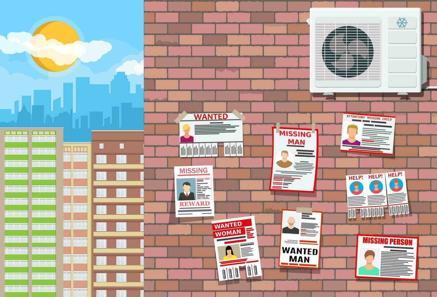 Wanted person paper poster on brick wall. Missing announce. Information tear off papers. Search for lost person in big city. Cityscape, buildings, sky, clouds, sun. Vector illustration in flat style