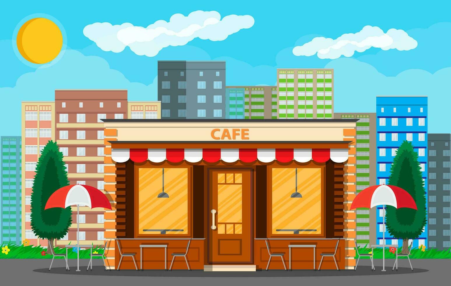 Cafe shop exterior. Street restraunt building. Cityscape, buildings, sun, clouds. Vector illustration in flat style