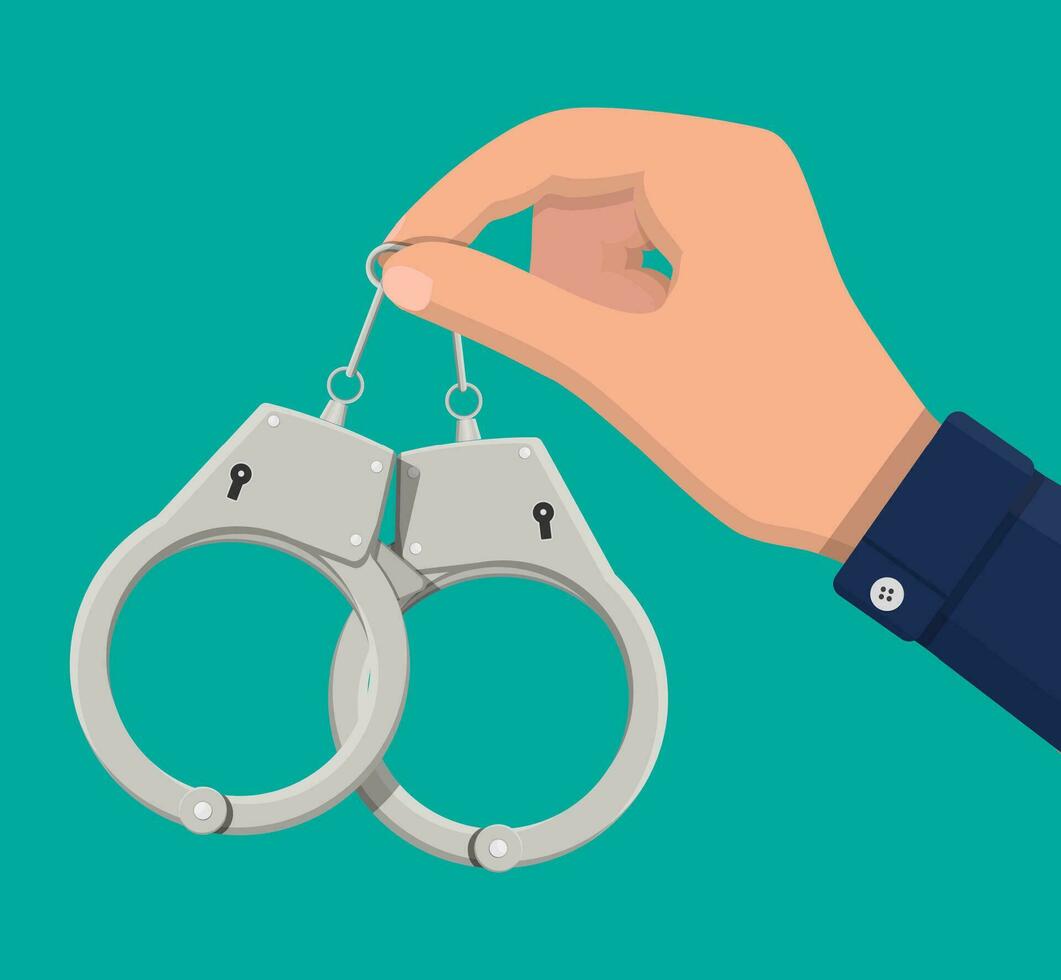 Modern metal handcuffs in hand of police officer. Concept of safety, security, justice and law. Vector illustration in flat style