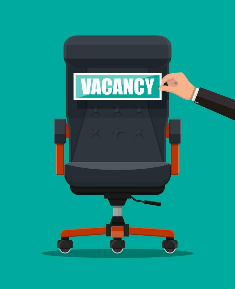 Office chair and sign vacancy in hand of boss. Hiring and recruiting. Human resources management concept, searching professional staff, work. Found right resume. Vector illustration in flat style
