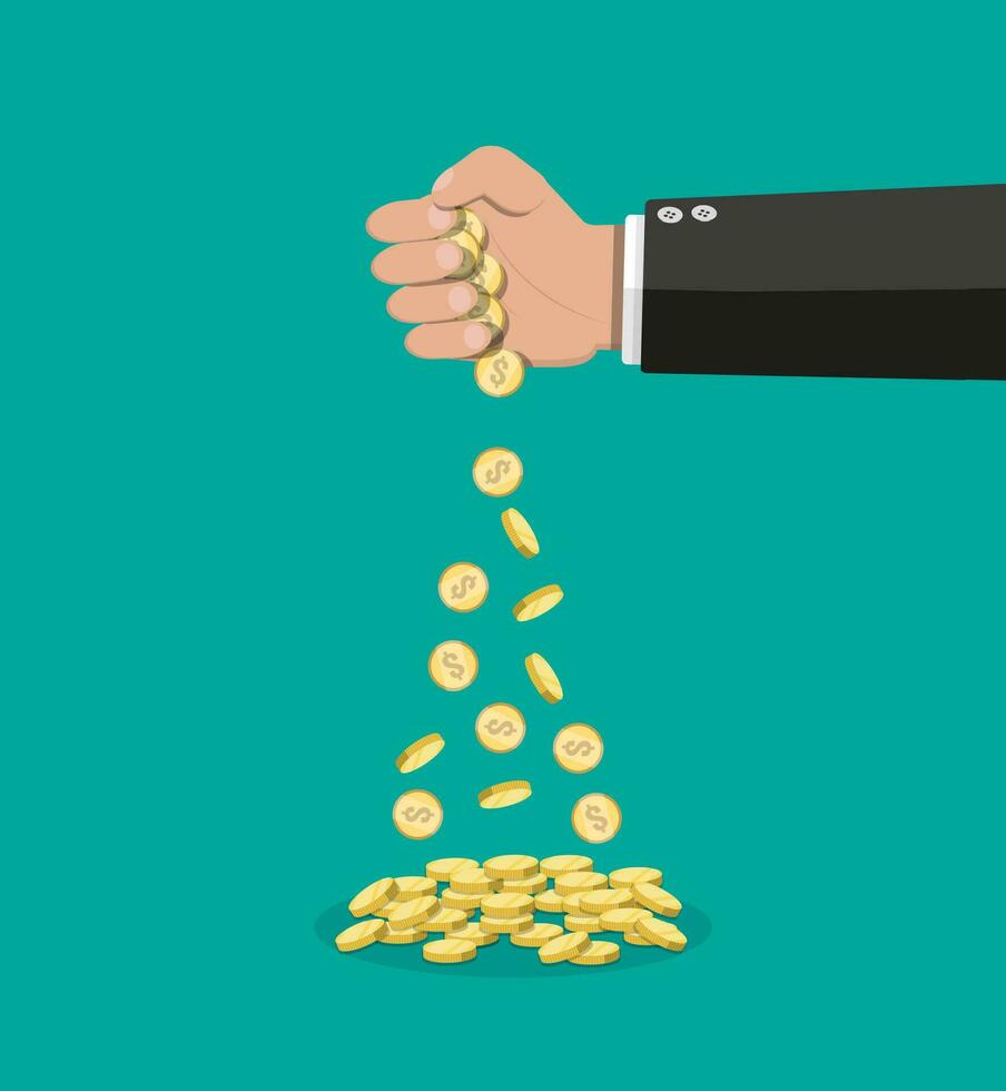 Cartoon businessman hand losing golden coins. Losing money or overspending. Vector illustration in flat style