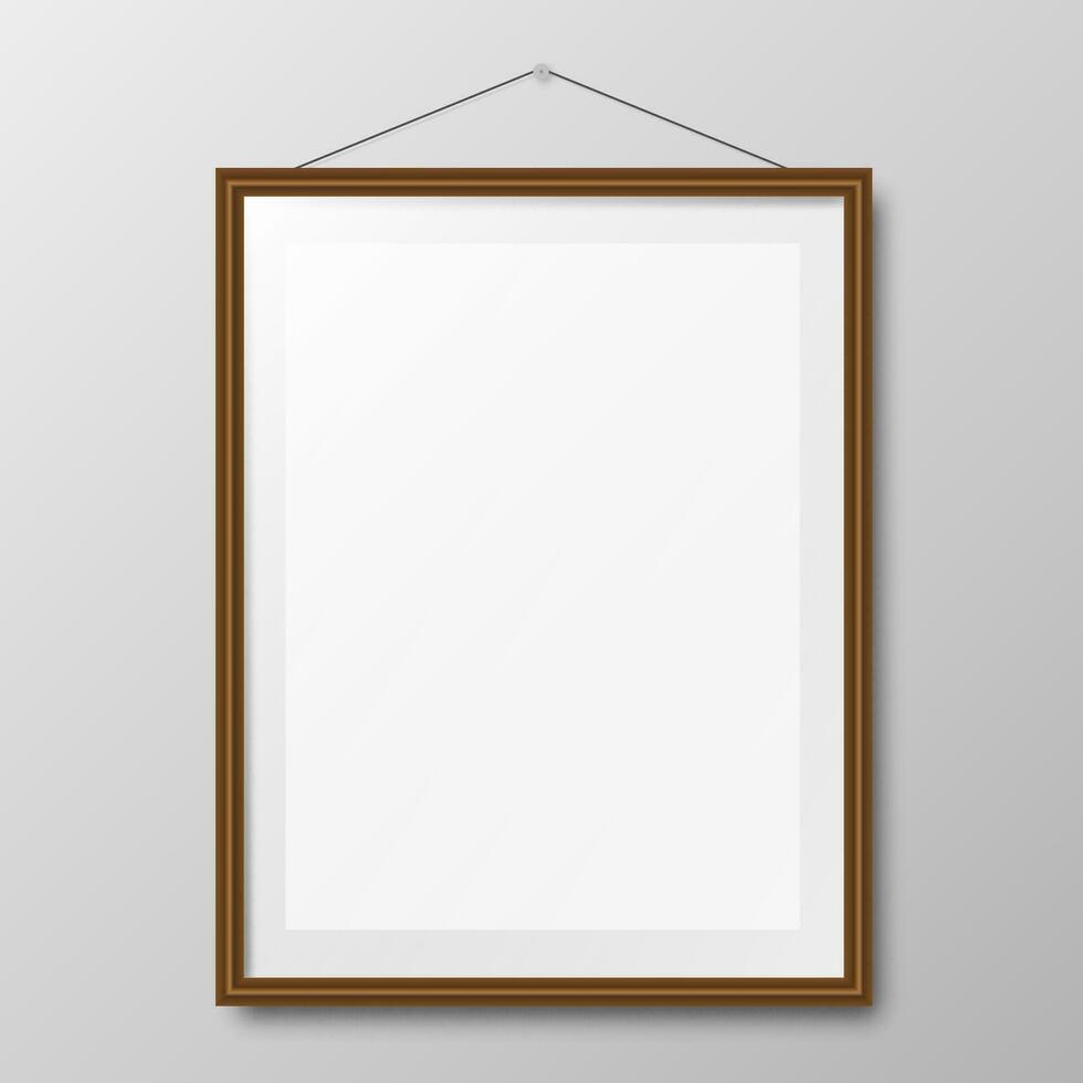 Realistic wooden photo frame on wall vector illustration