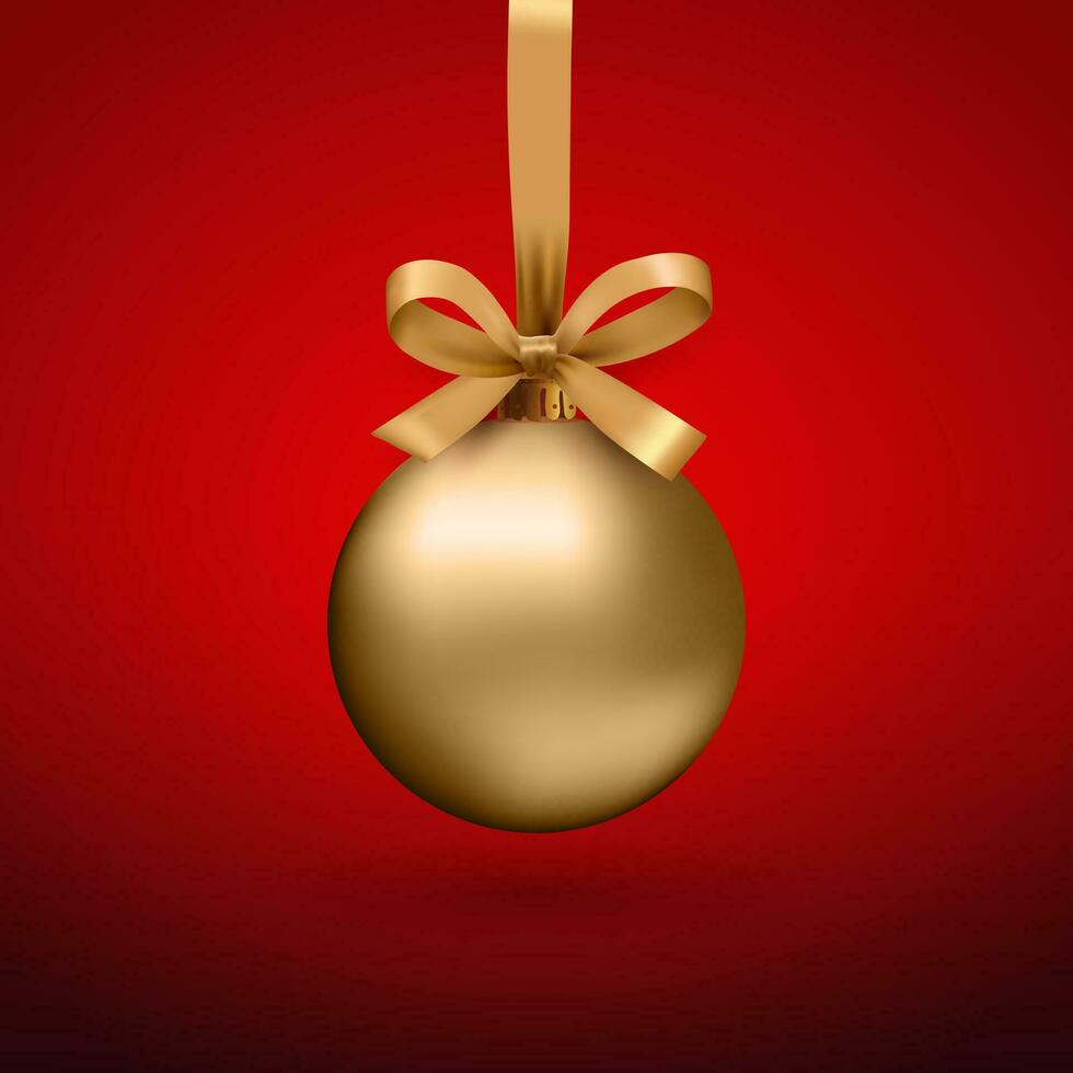 Gold Christmas ball with ribbon and a bow, on red background. Vector illustration.