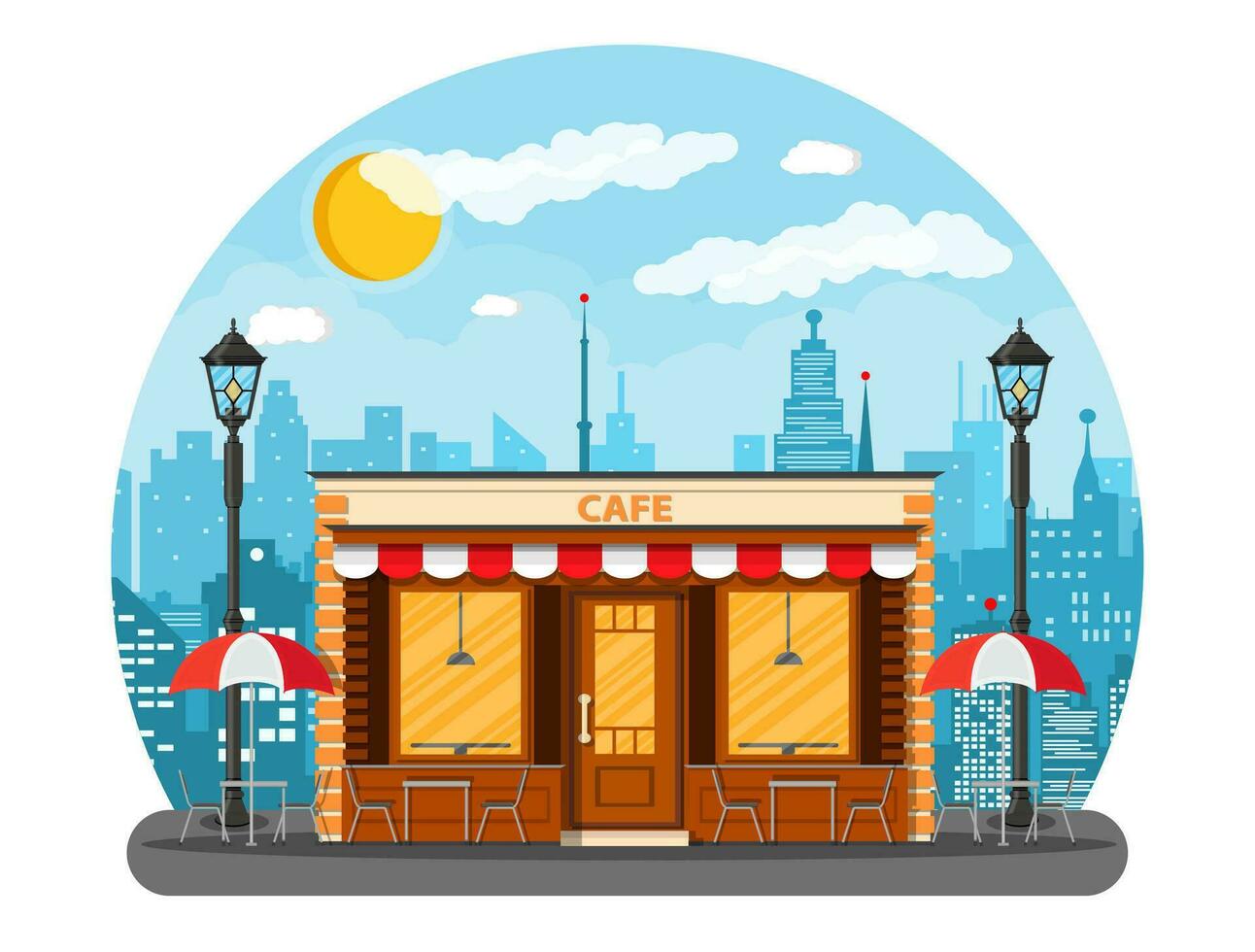 Cafe shop exterior. Street restraunt building. Cityscape, buildings, sun, clouds. Vector illustration in flat style