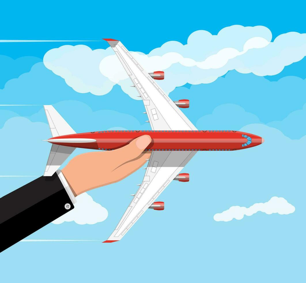 Airplane top view. Passenger or commercial jet in hand. Sky with clouds. Aircrfat in flat style. Journey or vacation concept, business trip. Vector illustration