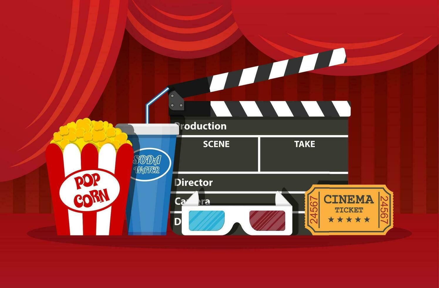 Retro movie set. Black clapperboard, box with popcorn, soda water glass, 3d glasses. ticket. vector illustration in flat style