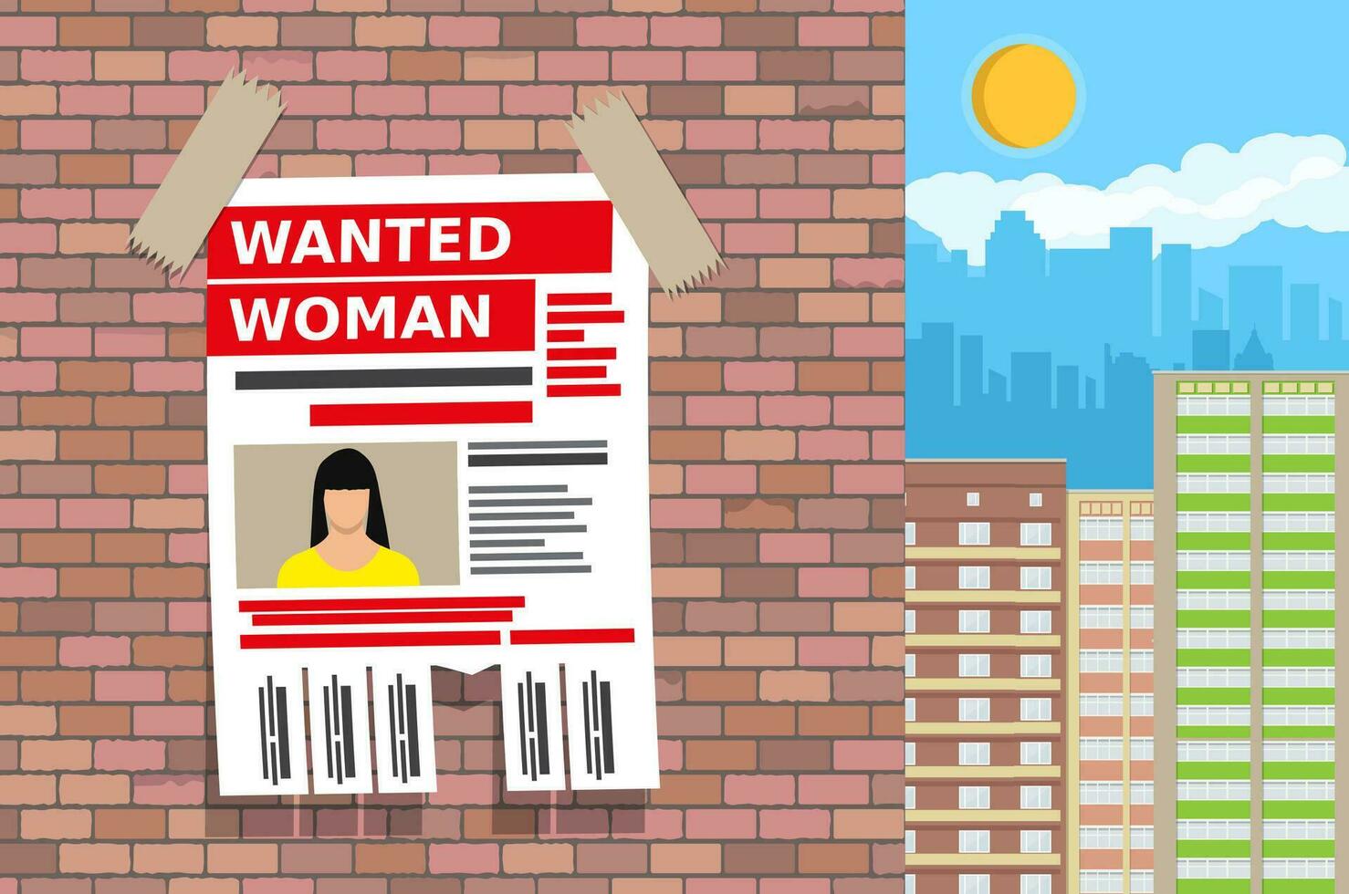 Wanted person paper poster. Missing announce. Information tear off papers. Search for lost person in big city. Vector illustration in flat style