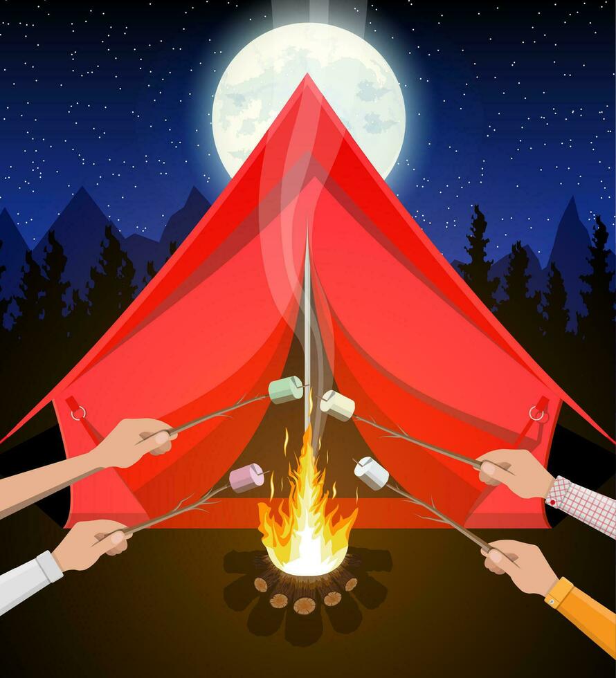 Bonfire with marshmallow. Logs and fire. Tent, forest, moon, sky. Camping, burning woodpile in night. Vector illustration in flat style
