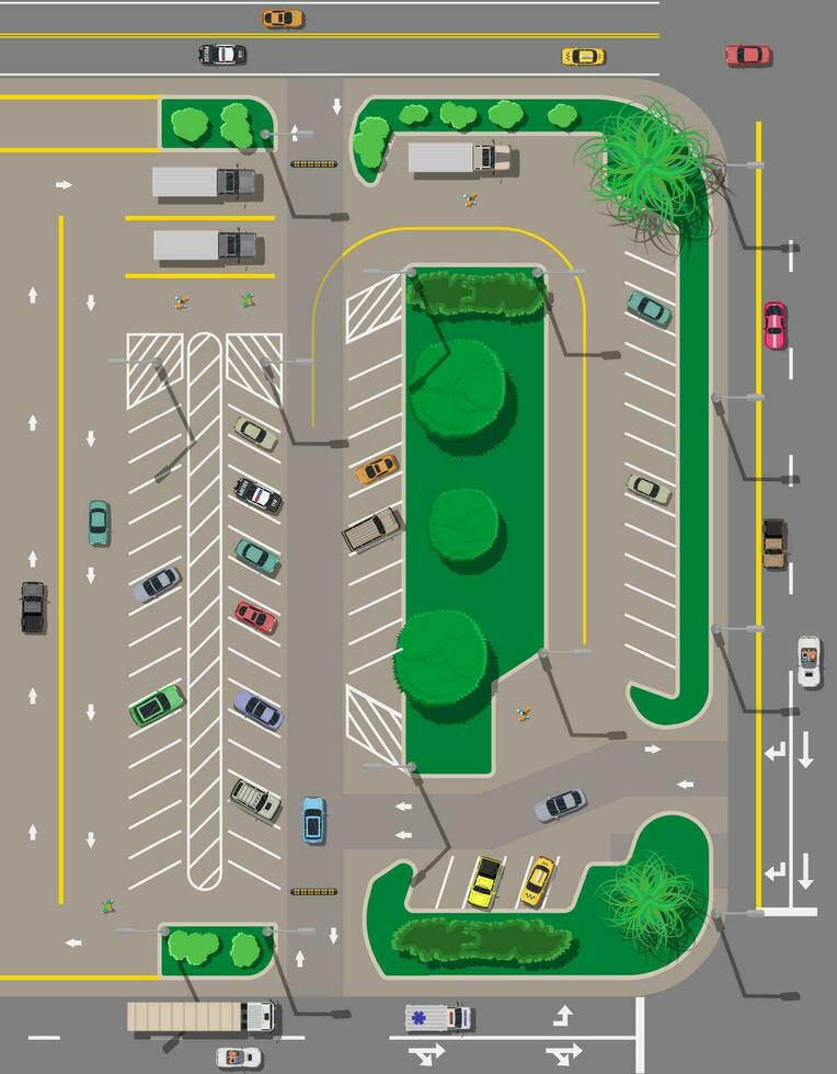 ciudad estacionamiento lote con diferente carros. escasez estacionamiento espacios. estacionamiento zona parte superior ver con varios vehículos sedán, coche de turismo, todoterreno, deporte auto, levantar. transporte. vector ilustración en plano estilo