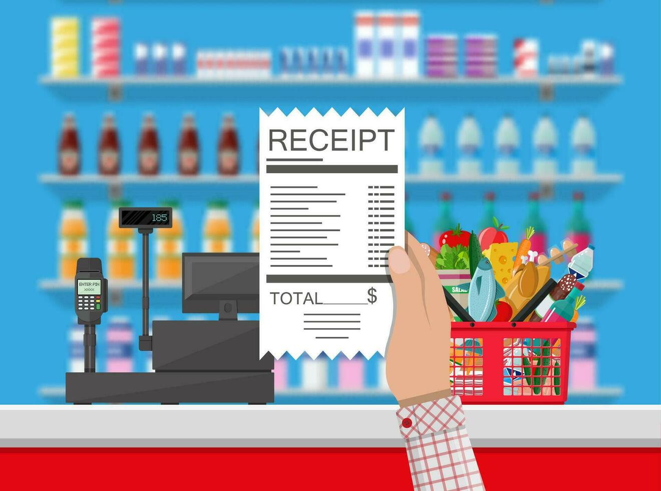 Supermarket interior. Cashier counter workplace. Hand with receipt. Basket with food and drinks. Shelves with products. Cash register, pos terminal and keypad. Vector illustration in flat style