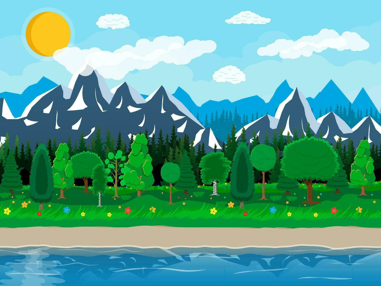 Summer nature landscape with mountains, forest, grass, flower, sky, sun and clouds. National park. Lake and rocks, river. Nature landscape. Vector illustration in flat style