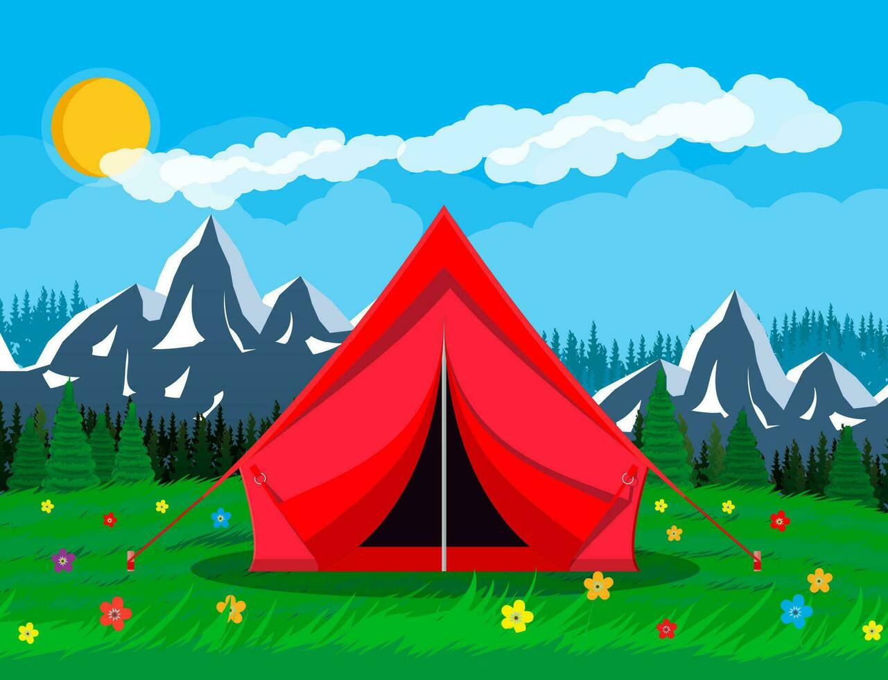 Meadow with grass and camping. Tents, flowers, mountains, trees, sky, sun and clouds. Vector illustration in flat style