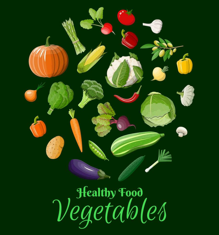 Big vegetable icon set. Onion, eggplant, cabbage, pepper, pumpkin, cucumber, tomato carrot and other vegetables. Organic healthy food. Vegetarian nutrition. Vector illustration in flat style