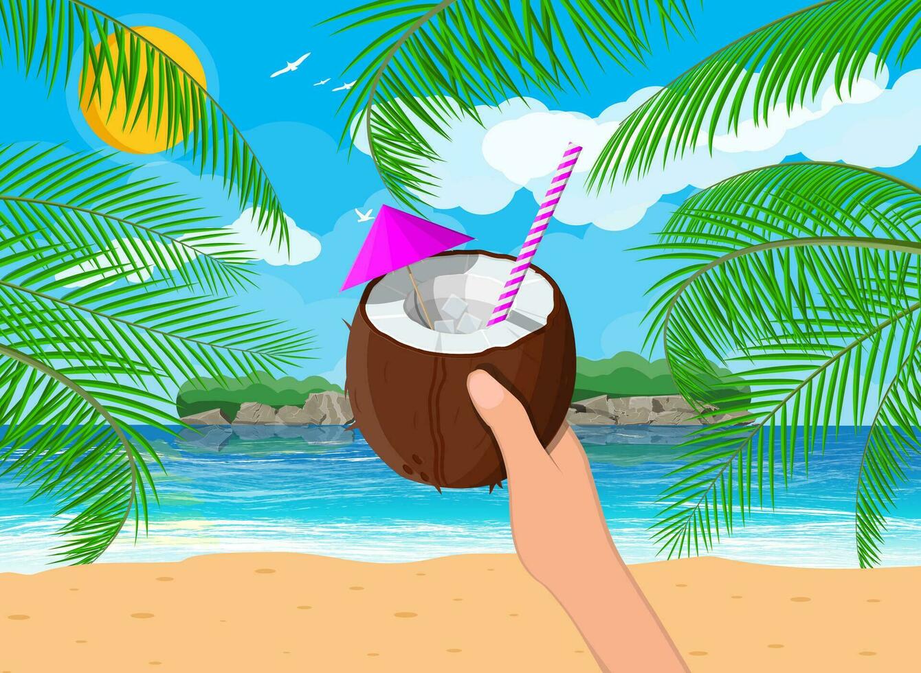 Half coconut, alcohol cocktail in hand. Landscape of palm tree on beach. Sun with reflection in water and clouds. Day in tropical place. Vacation and holidays. Vector illustration in flat style