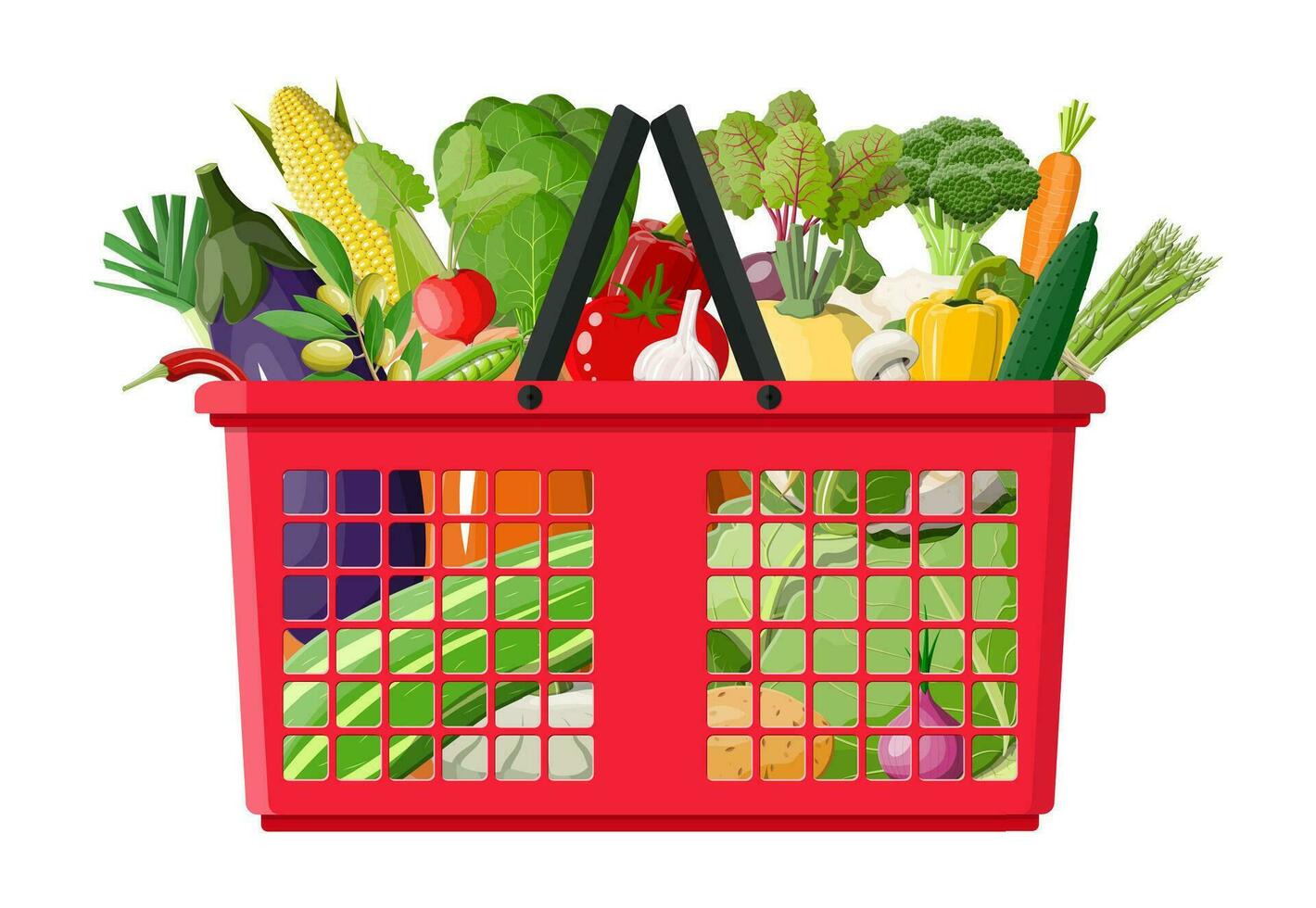 Plastic shopping basket full of vegetables. Farming fresh food, organic agriculture products. Onion, cabbage, pepper, pumpkin, cucumber, tomato and other vegetables. Vector illustration flat style