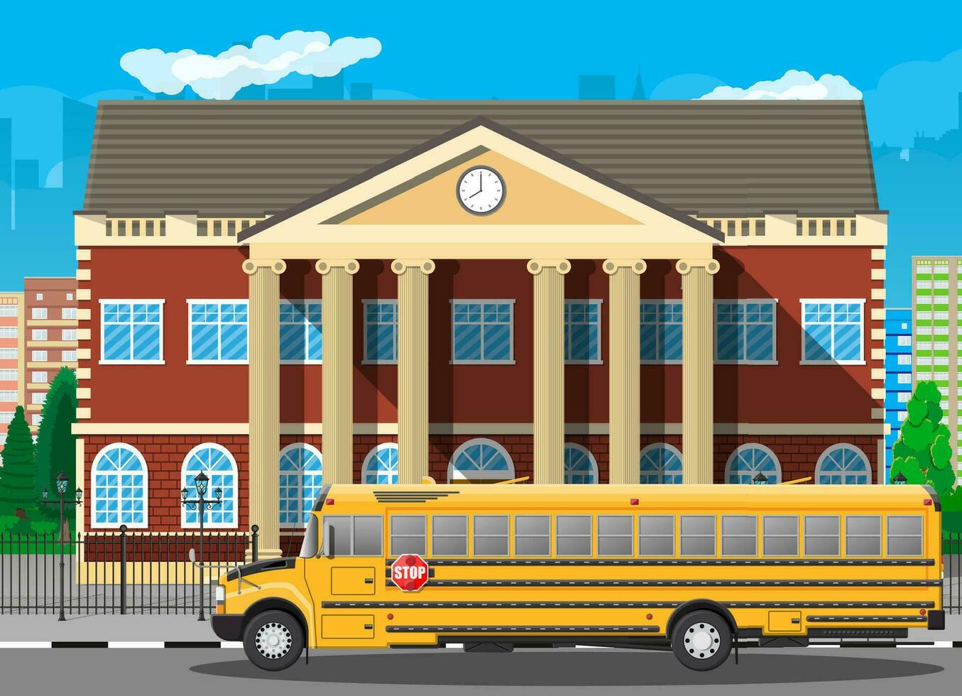 Classical school building and cityscape. Brick facade with clocks. Public educational institution and bus. College or university organization. Tree, clouds, sun. Vector illustration in flat style