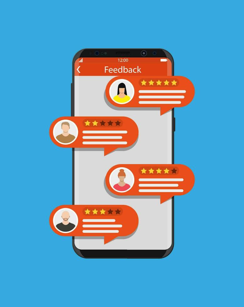 Smartphone with rating app. Bubble speeches and avatars. Reviews five stars rating with good and bad rate and text. Testimonials, rating, feedback, review. Vector illustrayion in flat style
