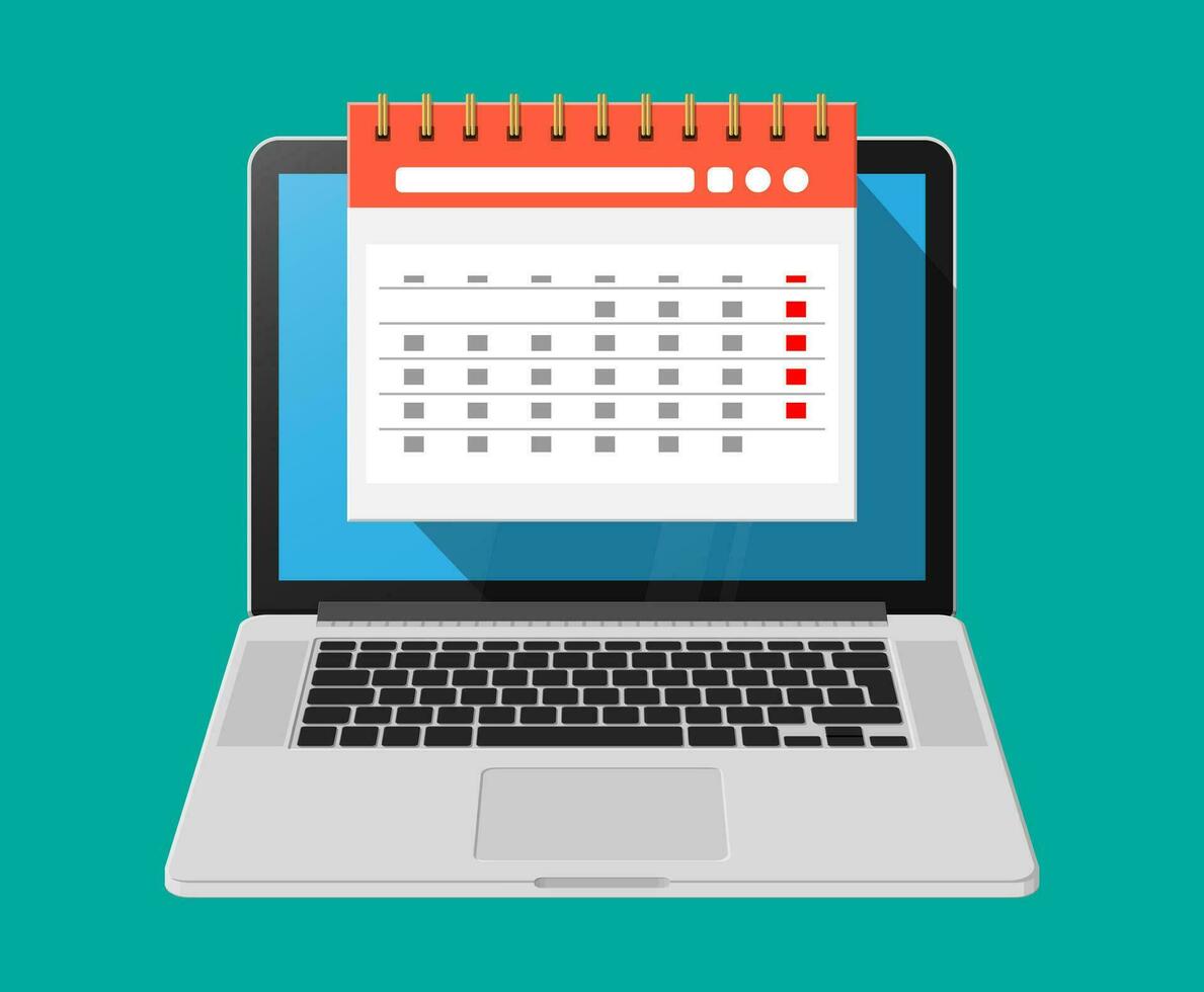 Paper spiral wall calendar in laptop. Calendar flat icon. Schedule, appointment, organizer, timesheet, important date. Vector illustration in flat style