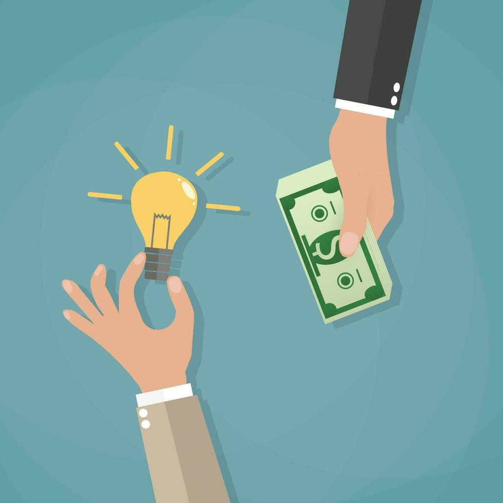 cartoon concept for crowdfunding, businessman hand with light bulb and with money. vector illustration in flat design on blue background