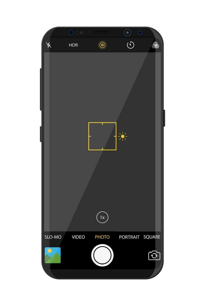 Modern smartphone with camera application. User interface of camera viewfinder. Focusing screen in recording time. Gallery, hdr, quality, image stabilization icon, ui. Vector illustration flat style