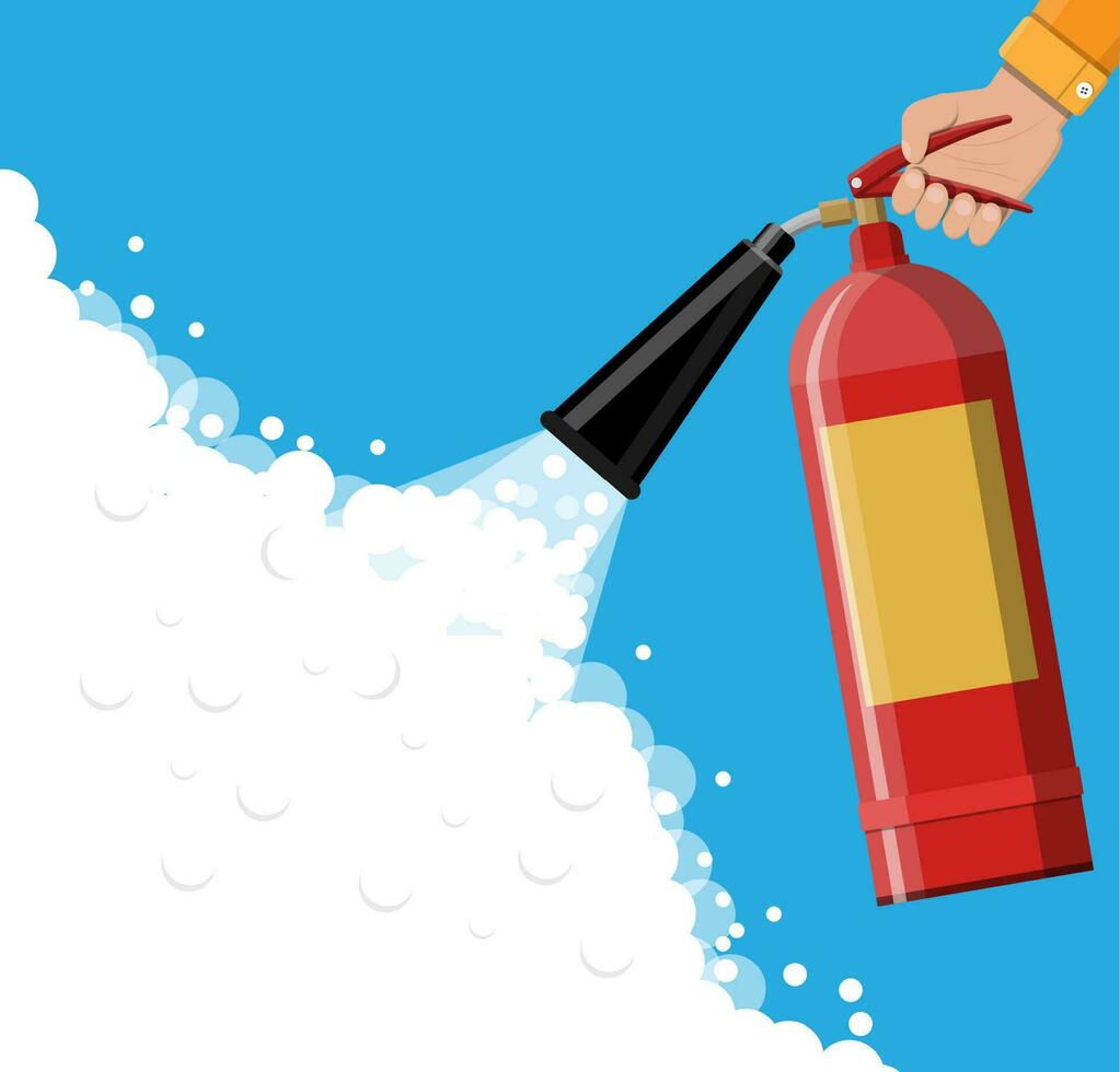 Fire extinguisher in hand with foam. Fire equipment. Vector illustration in flat style