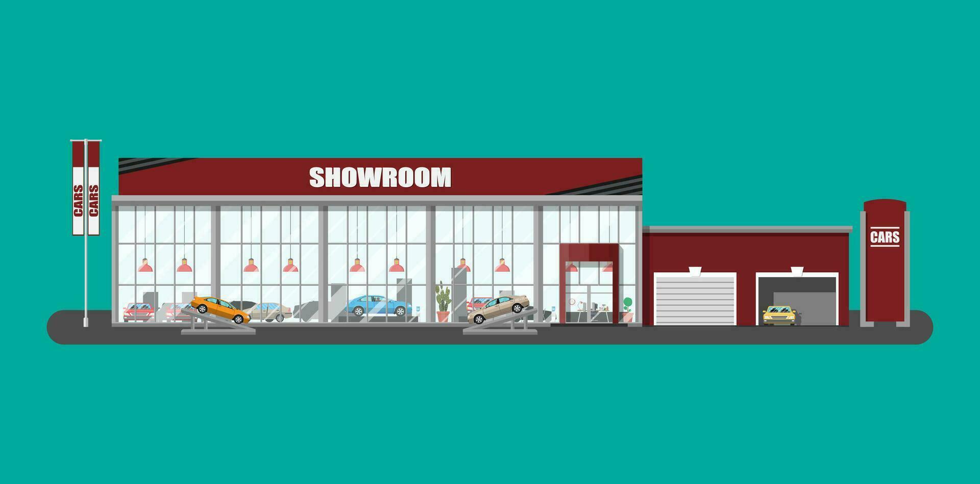 Exhibition pavilion, showroom or dealership. Car showroom building. Car center or store. Auto service and shop. Vector illustration in flat style