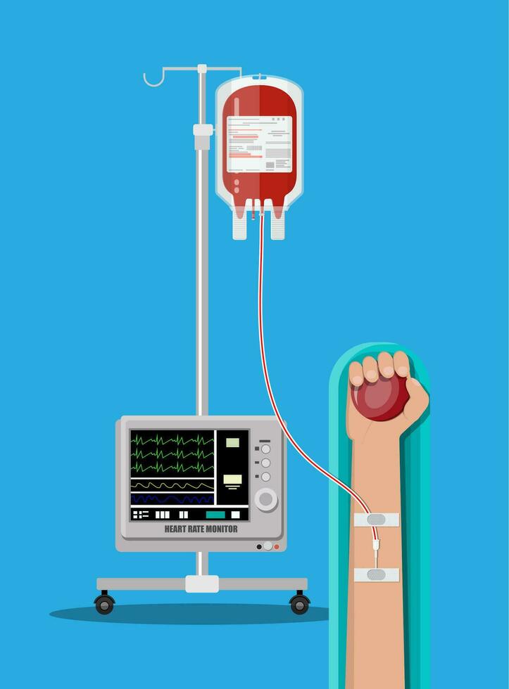 Blood bag and heart at holder, hand of donor with ball. Heart rate monitor. Blood donation day concept. Human donates blood. Vector illustration in flat style.