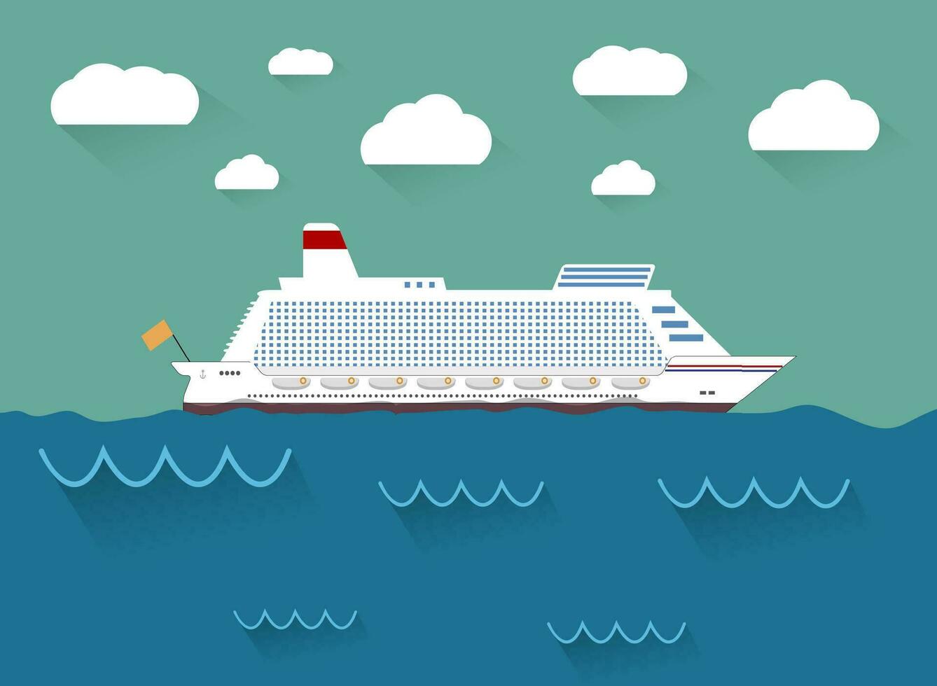 White cruise ship, ocean liner in water and sky with clouds. vector illustration in flat design