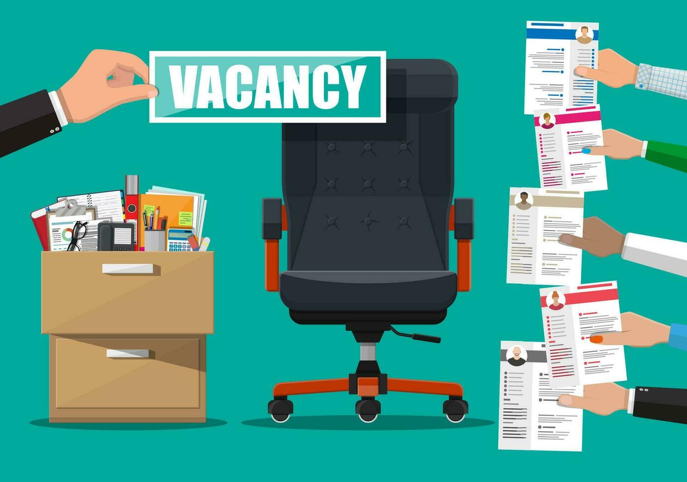 Office chair and sign vacancy in hand of boss. Hiring and recruiting. Human resources management concept, searching professional staff, work. Found right resume. Vector illustration in flat style