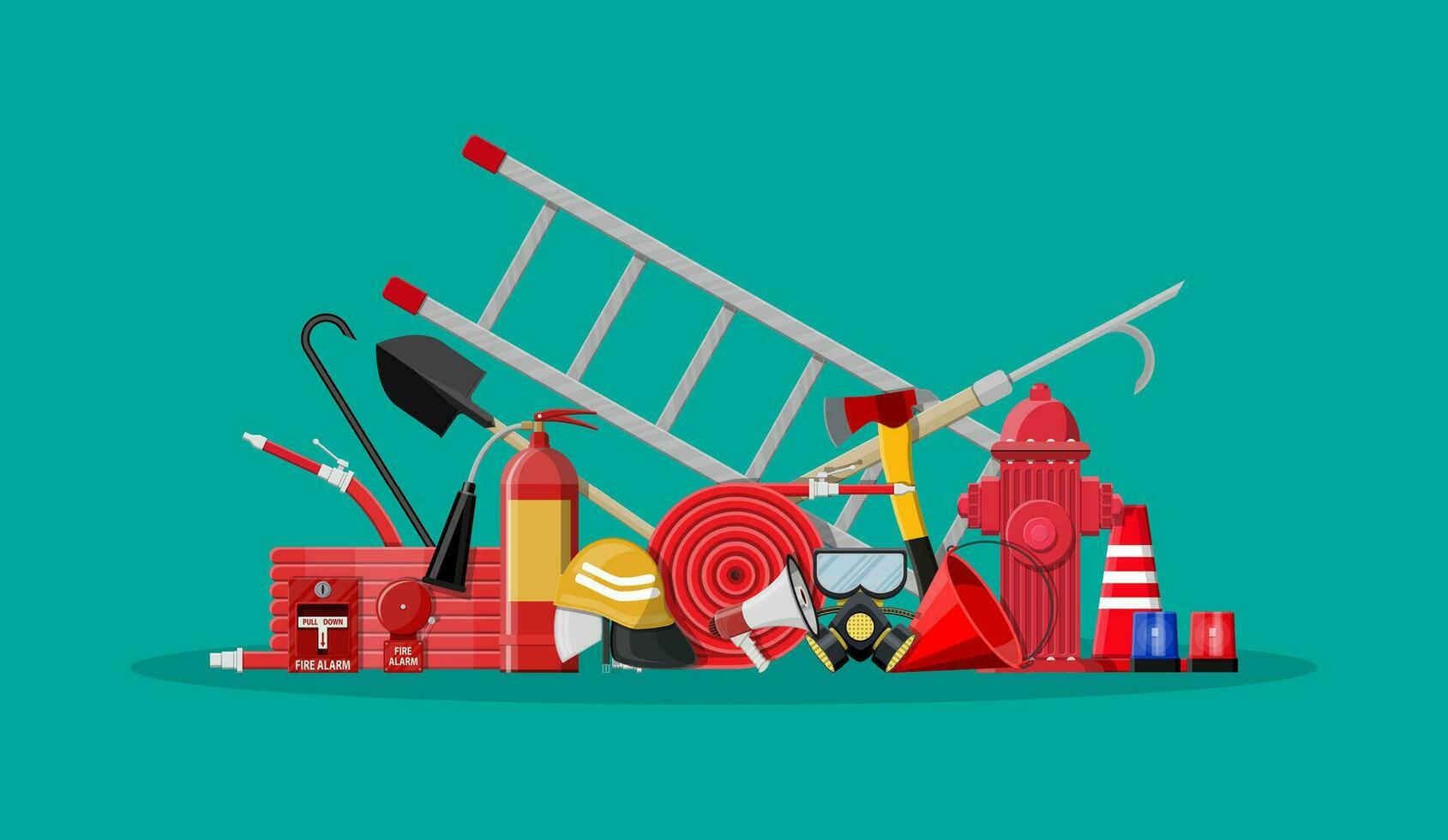 Firefighting set. Fire protection equipment. Vector illustration in flat style