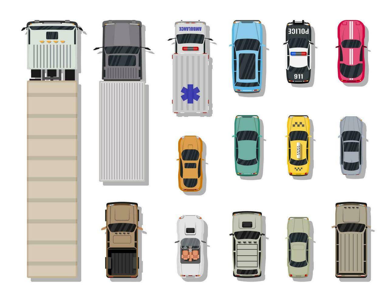 Collection of various vehicles. Roadster, taxi, police SUV, ambulance, sedan, truck. Car for transportation, cargo and emergency services. Top view. Vector illustration in flat style