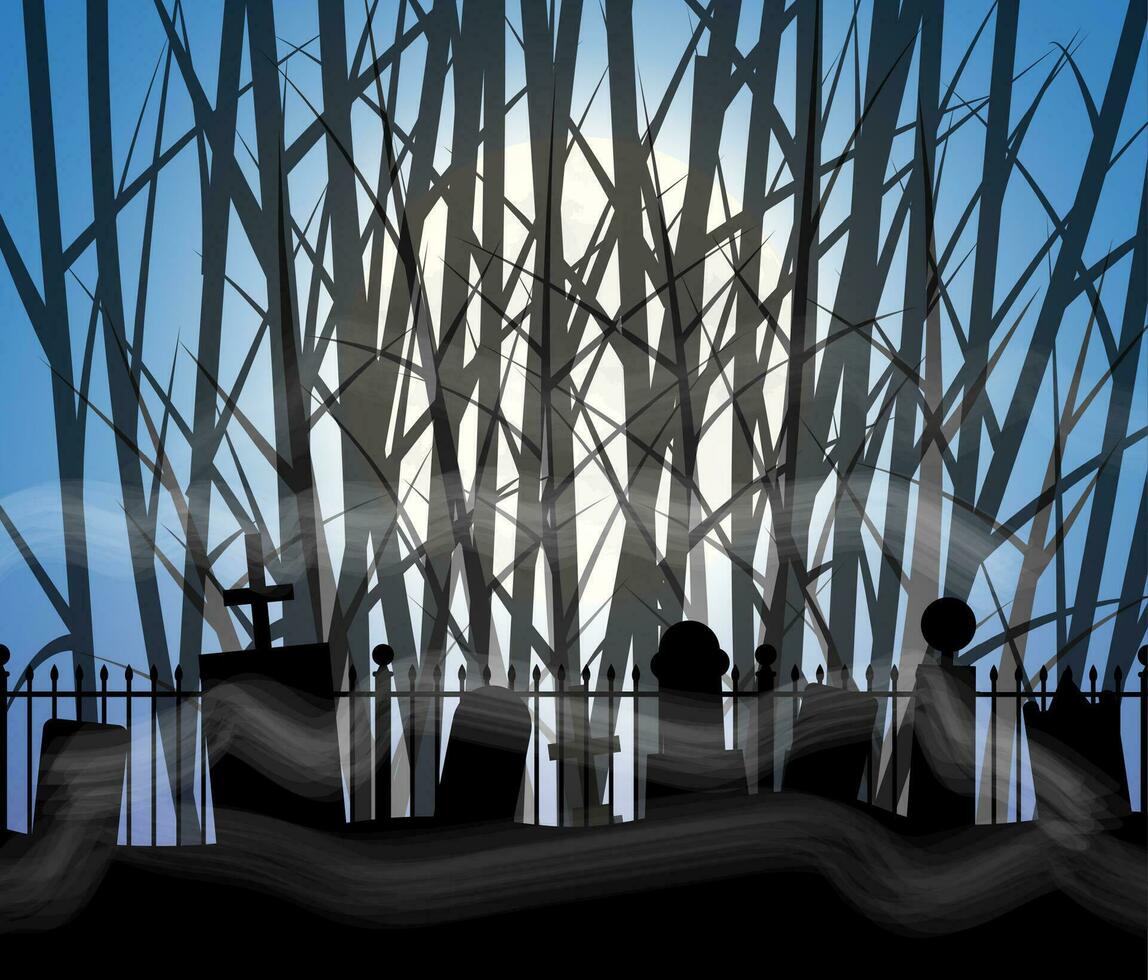 cementerio cementerio tumba en brumoso bosque con lleno luna, Víspera de Todos los Santos fondo, vector ilustración