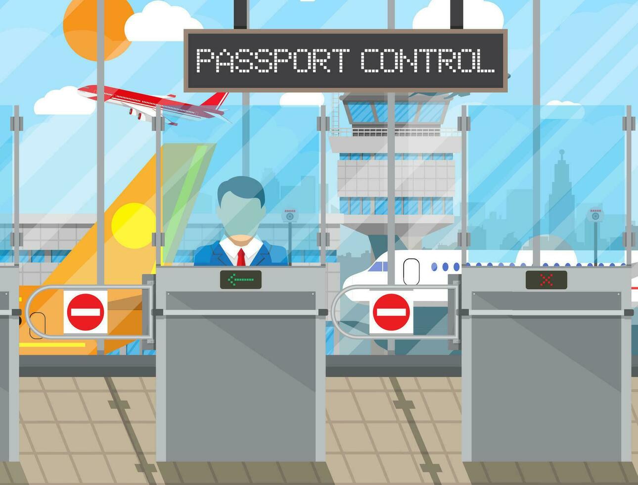 Border control counter concept, immigration officer, camera, passport control sign. Airport terminal, control tower, aircraft, cityscape. Vector illustration in flat style
