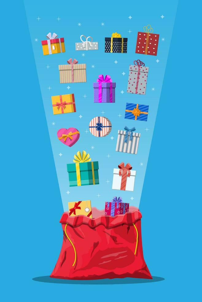 Gift boxes in cloth bag. Colorful wrapped. Sale, shopping. Present boxes different sizes with bows and ribbons. Collection for birthday and holiday. Vector illustration in flat style